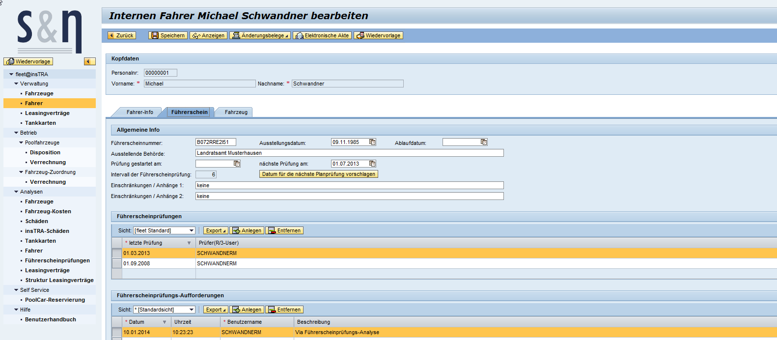 Fahrerverwaltung fleet 3.0 for SAP ERP Führerscheinprüfung, automatischer Versand von Aufforderungen z.b.