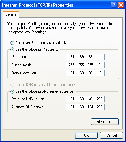 Benutzen Sie das Internet Protocol (TCP/IP) Properties Dialogfeld nur um die TCP/IP Adresse und das Default Gateway manuell einzurichten.