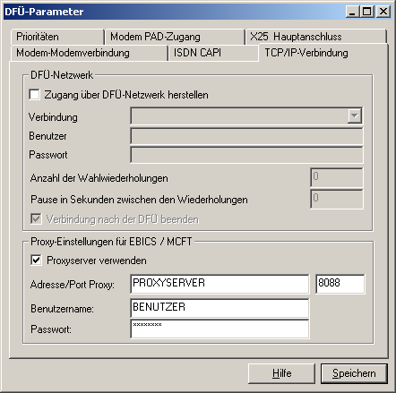 3. DFÜ-Parameter einstellen Stellen Sie unter Verwaltung / DFÜ-Verwaltung / DFÜ-Parameter auf der Registerkarte Prioritäten das DFÜ-Verfahren TCP ein und setzen Sie die Priorität auf 1.