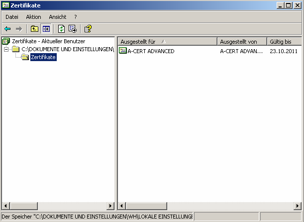 Nach dem Klicken auf die Schaltfläche Öffnen öffnet sich folgendes Fenster. Bitte öffnen Sie in der linken Hälfte den Ordner Zertifikate so wie unten dargestellt.