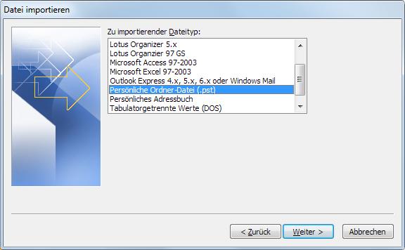 Importieren der Outlook Dateien in das neue Profil Öffnen Sie Ihr neues Outlook 2010 und richten Sie das Konto wie beschrieben ein. Klicken Sie dann im Outlook im Menü Datei -> Öffnen -> Importieren.