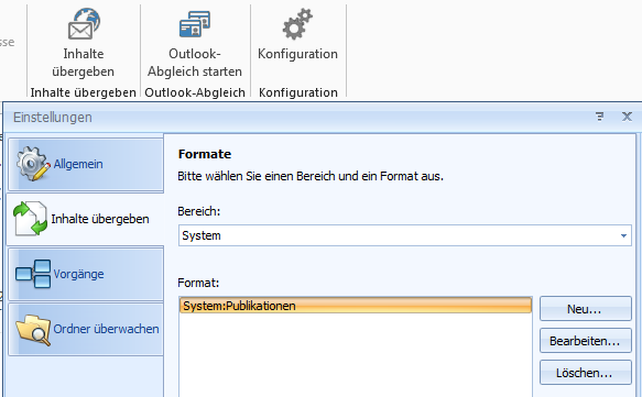 Die Konfiguration des Übergabeformats erfolgt in Outlook, über das cobra-addin und die Schaltfläche