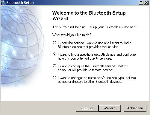 Öffnen Sie nun die My Bluetooth Places im Arbeitsplatz. Starten Sie den Bluetooth Setup Wizard.