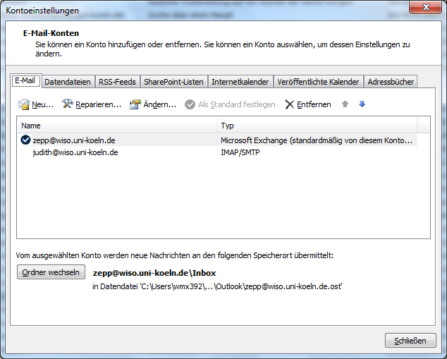 Öffnen Sie Outlook und gehen zu: Datei Informationen Kontoeinstellungen Kontoeinstellungen Alternativ (bei geschlossenem Outlook): Systemsteuerung E-Mail