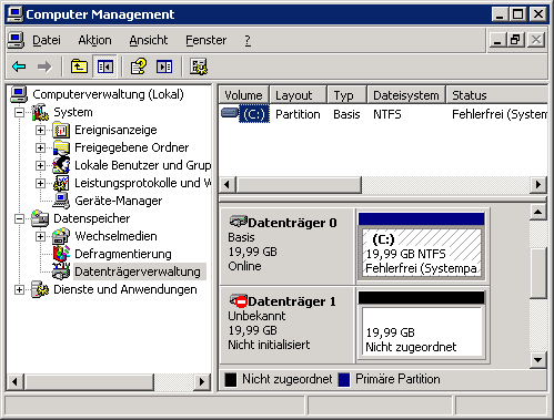 1.5 Microsoft Windows 2003 SCM MPIO Treiberinstallation/-Aktualisierung 1. In der Datenträgerverwaltung überprüfen, ob die zugewiesenen Festplatten doppelt aufgeführt werden.
