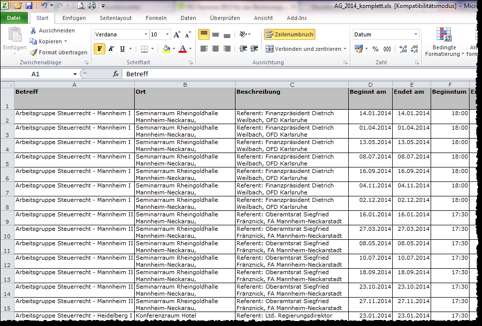 Arbeitsgruppentermine in Microsoft Outlook -Kalender importieren Zu Ihrer Unterstützung stellt Ihnen die Steuerberaterkammer Nordbaden Excel-Arbeitsmappen zum Download zur Verfügung, in denen die
