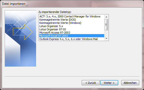 5. Klicken Sie in der Excel-Datei auf Schließen. 6. Öffnen Sie Microsoft Outlook. 7. Wählen Sie Datei Öffnen Importieren. Der Import/Export-Assistent wird geöffnet. 8.