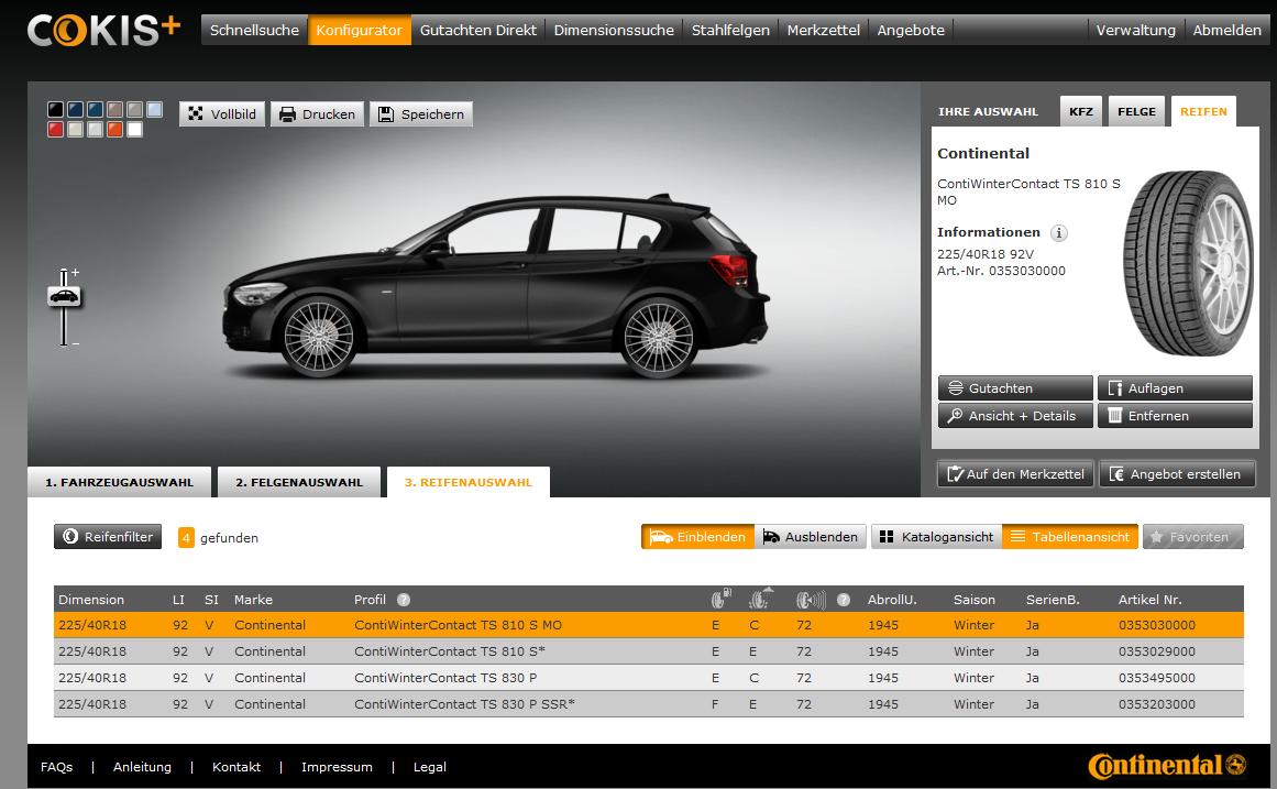 Konfigurator Reifenauswahl Ihre Reifenauswahl Merkzettel & Angebot Speichern
