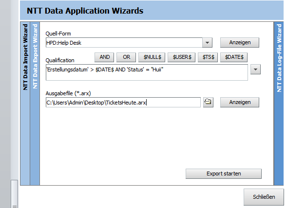 NTT Data Export Wizard Erzeugen eines ARX Files über Browser ohne User Tool Verwendung der BMC/Remedy Recommended Command