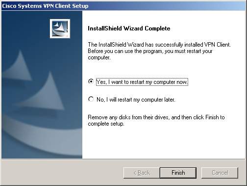 Nach Beendigung der Installation muss Windows neu gestartet werden, damit der VPN Client verwendet werden kann.