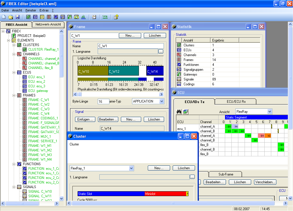FIBEX-Editor Linke Seite: Baumdarstellung der geladenen FIBEX XML Datei Rechte Seite: Bearbeitungsfenster, auswählbar über Toolleiste Unterstützte Netzwerkprotokolle: FlexRay, CAN (weitere in