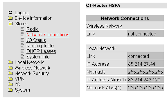 Status Network Connections Status Network Connections Network Conncetions Erklärung Wireless Network Link TCP/IP connected: TCP/IP Verbindung im Mobilfunknetz aufgebaut.
