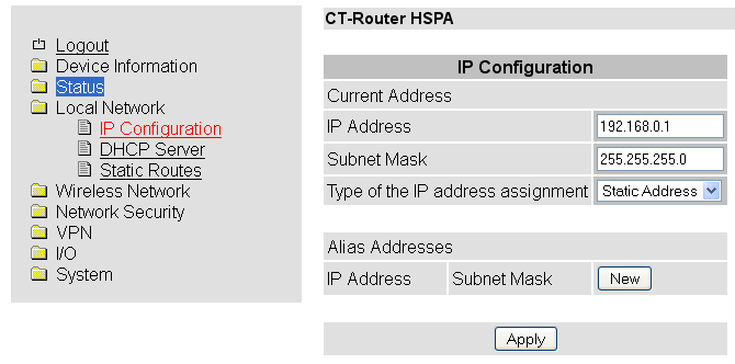 Local Network Im Menü Local Network können Sie die lokale Netzwerkeinstellung für den CT-Router HSPA vornehmen.