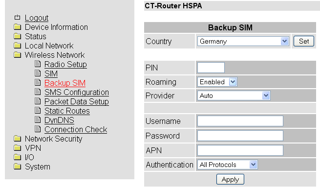 Backup SIM Wireless Network Wireless Network Backup SIM Backup SIM Erklärung Country PIN Roaming Auswahl des Landes, in dem der Router in das GSM-Netz eingewählt wird (Schränkt die Auswahl unter dem