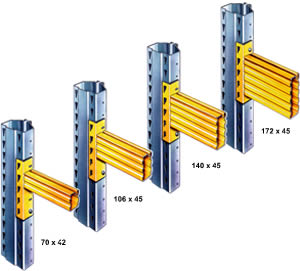 Palettenregal-Komponenten und Zubehör 1. Fußplatte 2. Stahlpaneel H25 / H29 mit abgekanteten Enden 3.