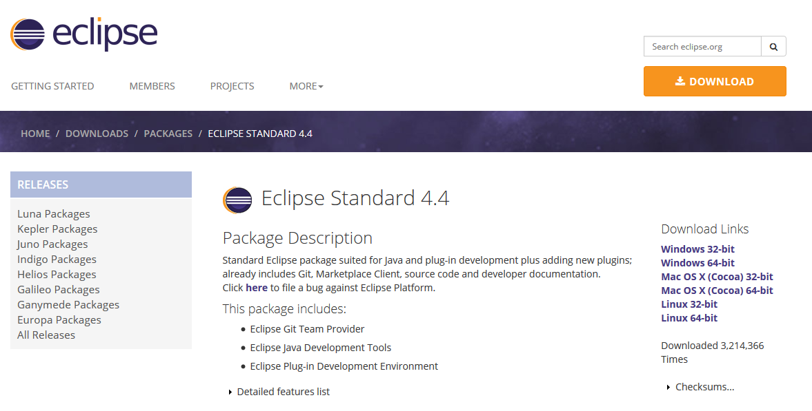 Eclipse installieren Eclipse Luna 4.4 Download: Google nach Eclipse Standard 4.4 Die entsprechende Version (rechts) auswählen und speichern, z.b.