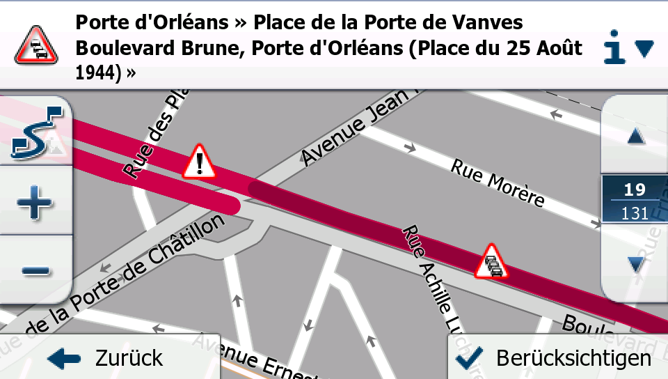 2.3.3.7 Verkehrsmeldungen Von Verkehrsmeldungen betroffene Straßenabschnitte werden auf der Karte in einer anderen Farbe dargestellt.