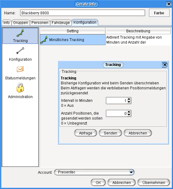 Tracking C-Track kann auch so konfiguriert werden, dass die Software von sich aus alle x Minuten Positionen verschickt.