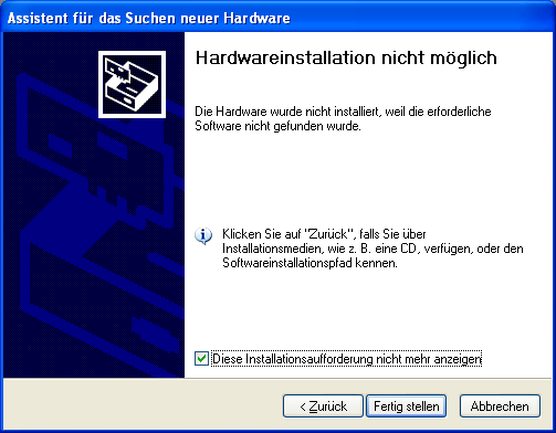 Abbildung 8 Software automatisch installieren am Beispiel EBI AE-2000 Kann das Betriebssystem die Treiber nicht finden, so ist die Hardwareinstallation nicht möglich.