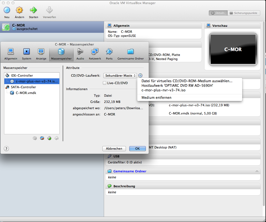 Beispiel: C-MOR VM mit VirtualBox