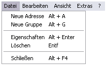 3. Das Adressbuch 3.1 Navigation 3.1.1 Datei 3.1.1.1 Neue Adresse Unter Neue Adresse, legen Sie einen neuen Kontakt im Adressbuch an. Siehe Punkt 3.2. 3.1.1.2 Neue Gruppe Unter Neue Gruppe, legen Sie eine neue Gruppe im Adressbuch an.