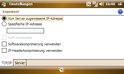 Internet Einstellungen Registerkarte TCP/IP Punkt Vom Server zugewiesene IP-Adresse Registerkarte Server Punkt Vom Server