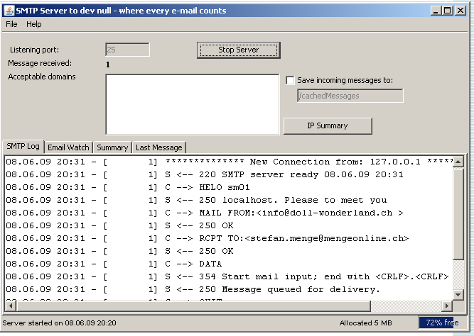 Gleichzeitig wird auch der integrierte lokale SMTP-Mail-Server gestartet und sogleich in die Task-Leiste minimiert.