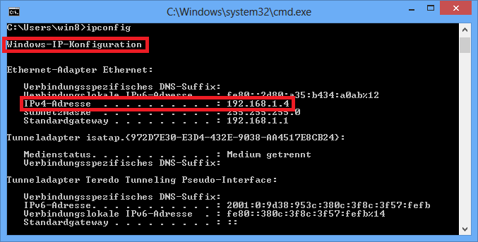 IP-Adressen Kontrolle unter Windows 8 Öffnen Sie über die Tastenkombination Windowstaste + R das Ausführen Fenster, geben Sie cmd ein und drücken Sie nun die Entertaste.