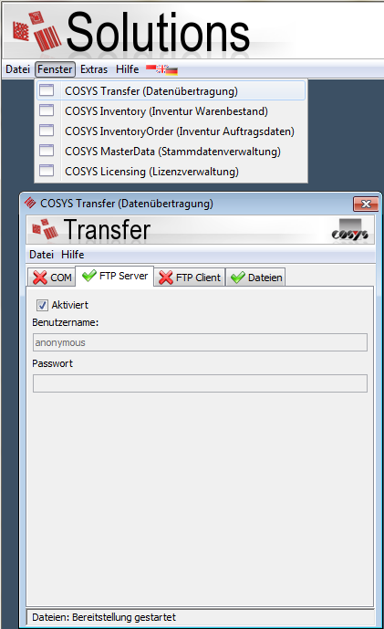 FTP-Server Dateienbereitstellung Um den Datenaustausch von COSYS Solutions zur mobilen Datenerfassungssoftware COSYS BaseSolutions zu gewährleisten, stellen Sie bitte sicher, dass der in COSYS