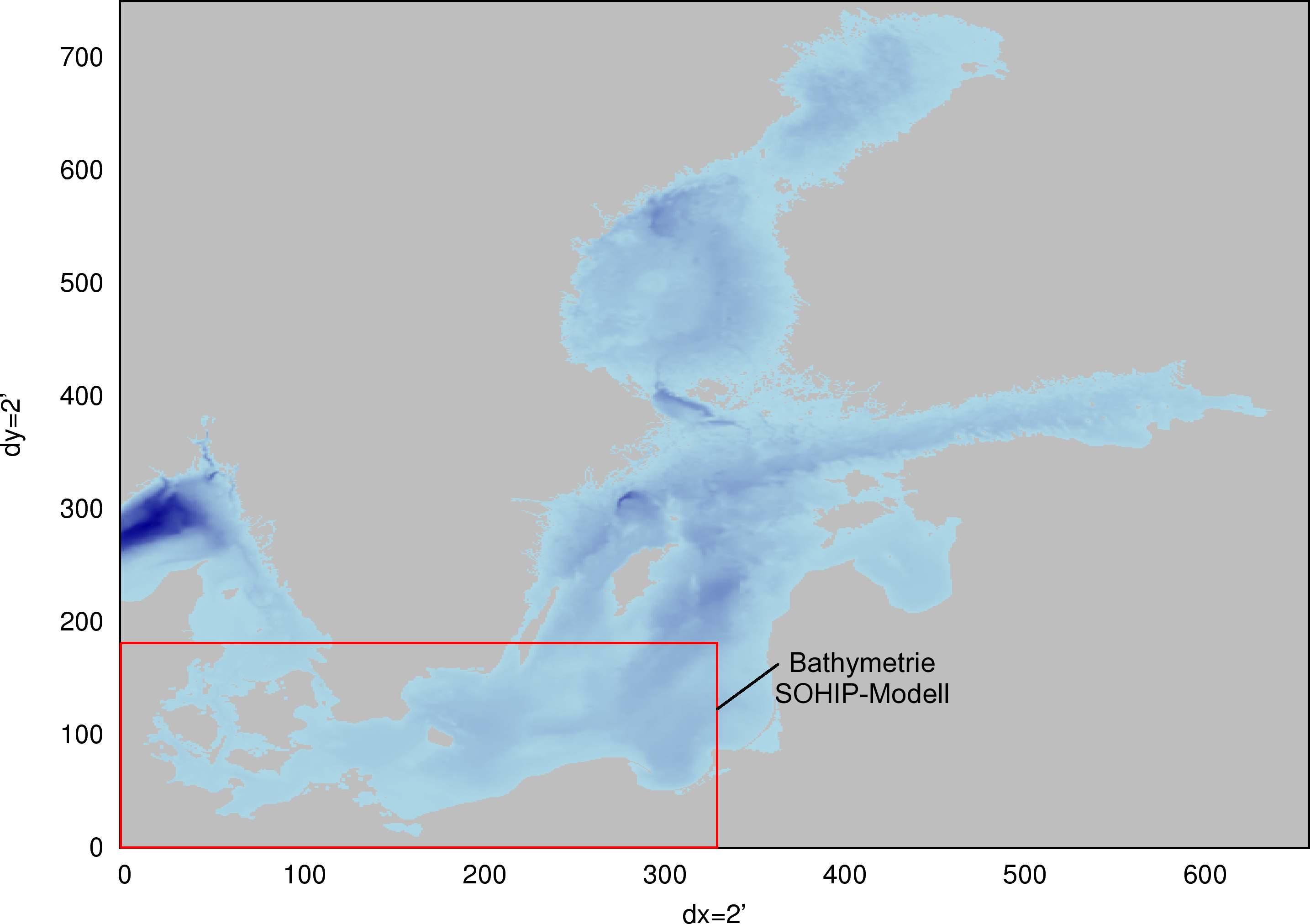 3.3.2.1 Datengrundlage Das SOHIP-Modell wurde auf Grundlage einer Bathymetrie der Ostsee (Seifert et. al, 2001) mit der Auflösung Δx Δy 2km aufgbaut. Die Bathymetrie ist in Abbildung 12 dargestellt.