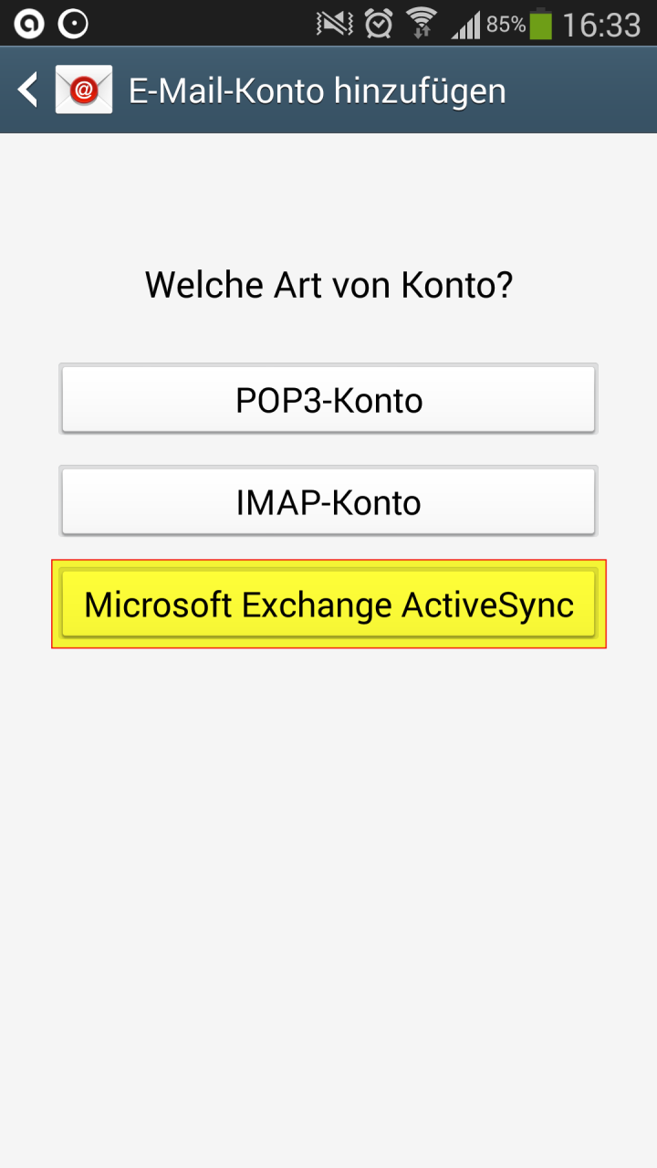 Wählen Sie dann Microsoft Exchange ActiveSync aus. Nun müssen die Daten nochmal erweitert angegeben werden.
