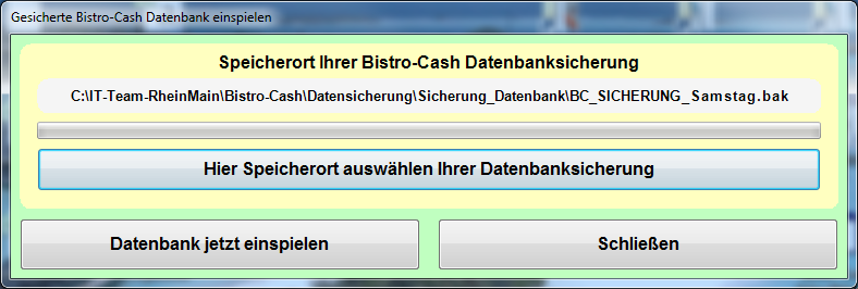 Datenbanksicherung einspielen: Mit dieser Funktion können Sie eine von Bistro-Cash erstellte Sicherung Ihrer Datenbank ganz einfach wieder in das Kassensystem laden.