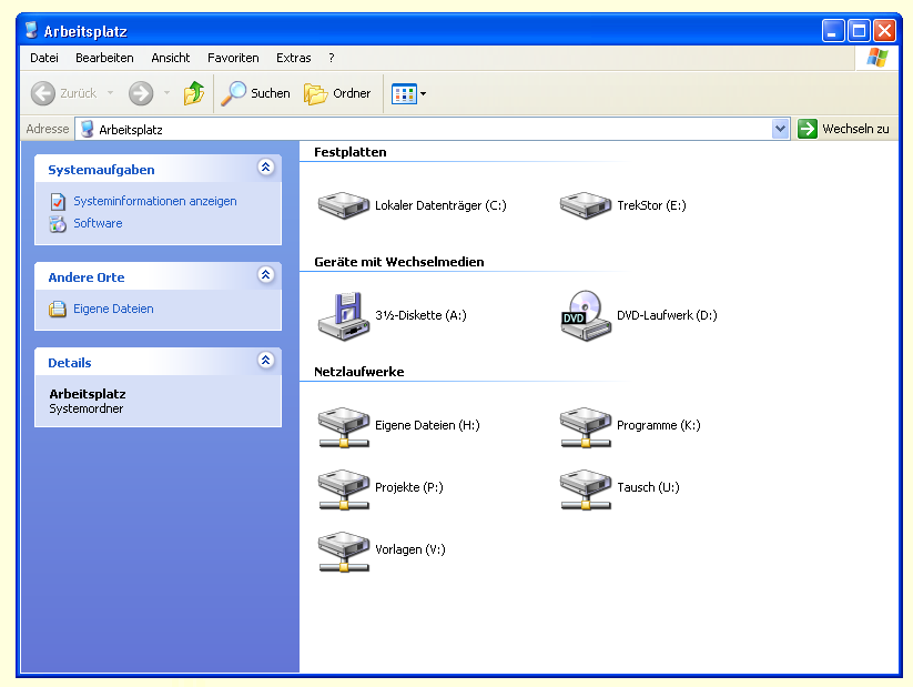 Das Symbol Arbeitsplatz Durch einen Doppel-Klick auf das Arbeitsplatz-Symbol wird der Windows-Explorer geöffnet ein Programm das den Inhalt des Computers angibt sozusagen das Inhaltsverzeichnis
