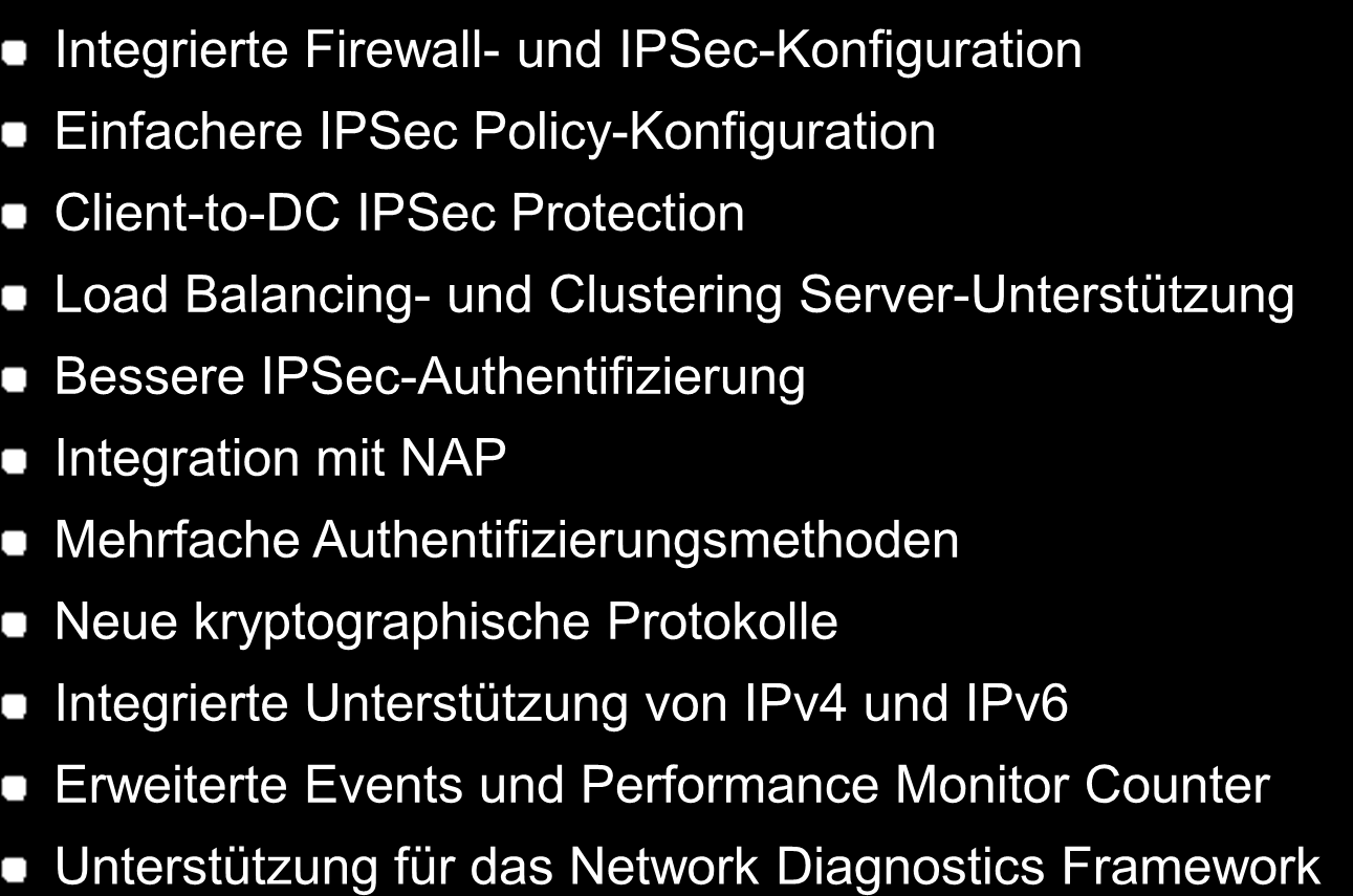 Integrierte Firewall- und IPSec-Konfiguration Einfachere IPSec Policy-Konfiguration Client-to-DC IPSec Protection Load Balancing- und Clustering Server-Unterstützung Bessere IPSec-Authentifizierung