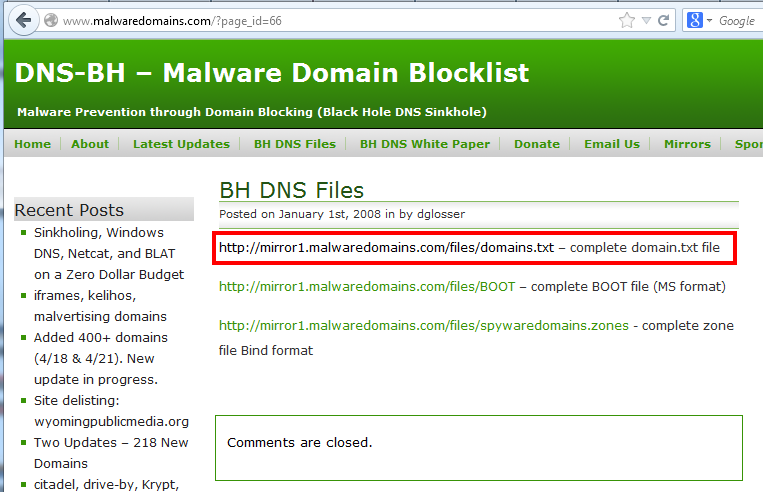 Malwaredomains getwatchlist http://mirror1.malwaredomains.com/files/domains.