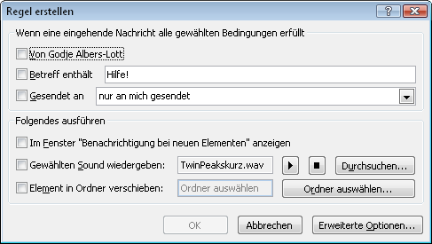 Erstellen einer Regel aus einer Nachricht Klicken Sie mit der rechten Maustaste auf die Nachricht, die als Basis der Regel fungieren soll, und klicken Sie dann im Kontextmenü auf Regel erstellen.