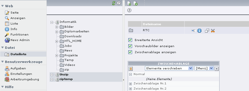 Nun sollte die hochgeladene Zip-Datei im Aufgabenbereich sichtbar sein: Durch einen Klick auf das Icon neben RTC.zip öffnet sich ein Kontextmenü.
