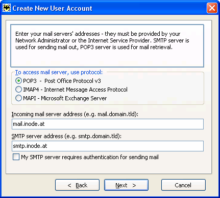 Schritt 3: Bitte geben Sie in dem nächsten Dialogfeld die E-Mail-Server an: Das zu verwendende Protokoll lautet POP3, bitte aktivieren Sie dazu die gleichnamige Option.