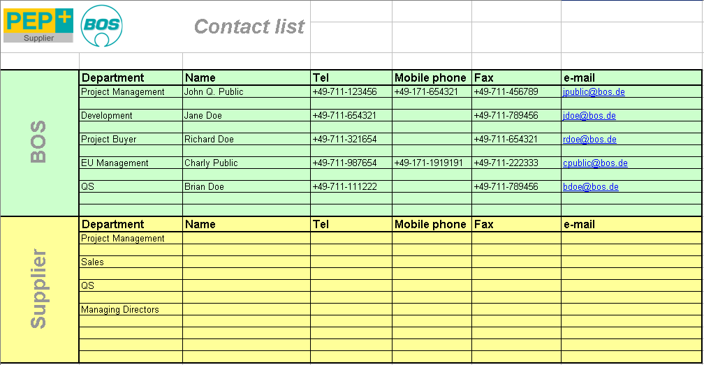 Contact list Supplier fills in contact data and sends with initial submission of