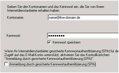 Häkchen bei Kennwort speichern). Als Kontoname benutzen Sie Ihre vollständige Email-Adresse. Anschließend klicken Sie auf Weiter. Schritt 6: Das Anlegen Ihres E-Mail-Kontos ist nun abgeschlossen.