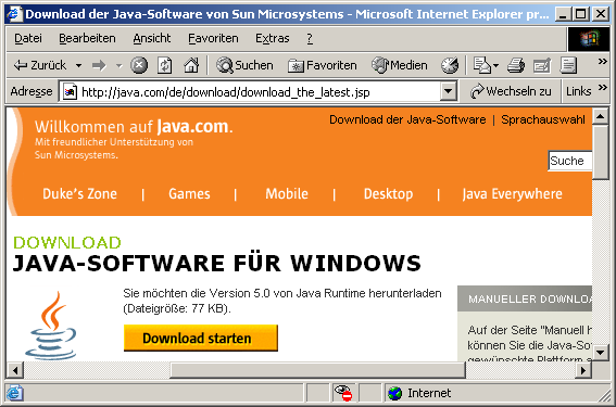 Es wird der Web-Browser geöffnet, der Sie direkt auf die Internetseite von Java bringt, wo Sie die Java-Software