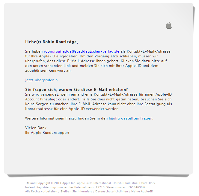 Wenn Sie Neue Apple-ID erstellen gewählt haben: Von Apple wird an Ihre Kontakt-E-Mail-Adresse diese E-Mail versandt.