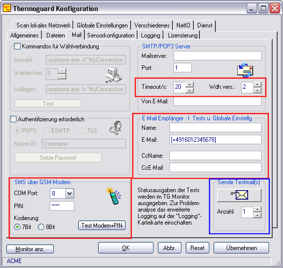 Konfiguration und Test in der Thermoguard-Software auf der Registerkarte "Mail" 1. Installieren Sie Ihre SIM-Karte im GSM-Modem. Folgen Sie den Hinweisen des Herstellers. 2.