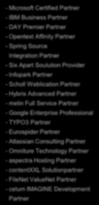 Zertifizierte Mitarbeiter und Lösungen - Microsoft Certified Partner - IBM Business Partner - DAY Premier Partner - Opentext Affinity Partner - Spring Source Integration Partner - Six Apart Soulution