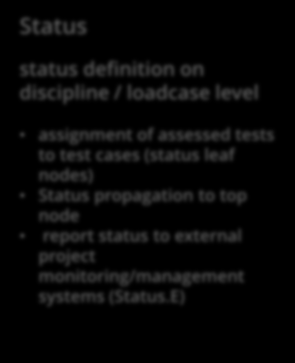 CAViT: GUI Overview IV Property panel Status status definition on discipline / loadcase level assignment of assessed tests to test cases (status leaf nodes) Status propagation to top node report
