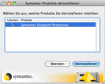 Deinstallation der Client Software. (Mac) Zur Deinstallation von Symantec Endpoint Protection unter Mac OS X ist ein eigenes Deinstallationspaket erforderlich.