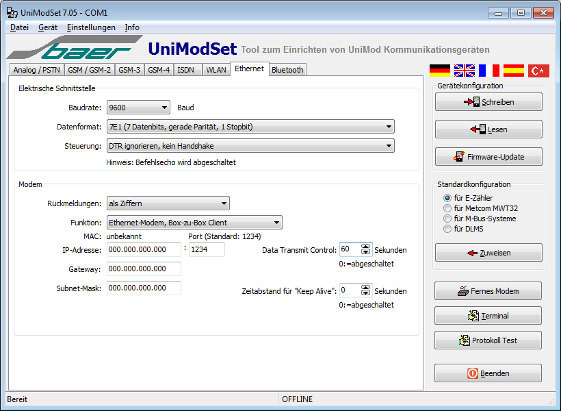 Parametrierung mit der Parametrier-Software UniModSet/MetcomTSet Nach dem Programmstart bitte zuerst die Registerkarte "Ethernet" anwählen.