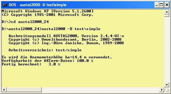 AUSTAL2000 2.5, Programmbeschreibung 50 Es wird das Beispiel simple betrachtet, das sich als Unterordner (Projektordner) im Verzeichnis test befindet. Die Eingabedaten stehen in der Datei austal2000.