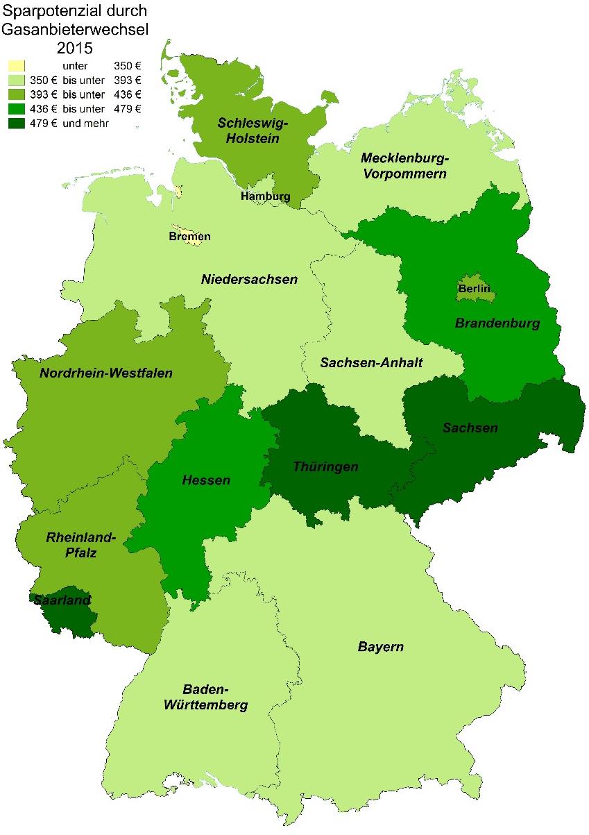 3. Gasanbieterwechsel 2015: über 300 Euro Sparpotenzial in jedem Bundesland Familien in Thüringen haben das größte Sparpotenzial: Sie reduzieren 2015 ihre Kosten für Gas durch einen Wechsel aus der