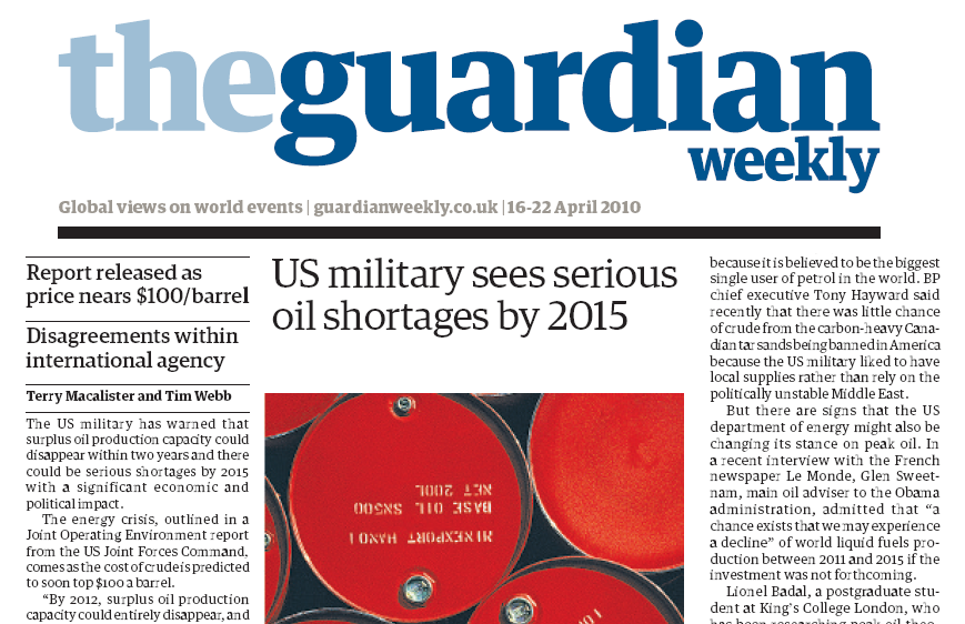 US-Militär sieht ernsthafte Ölknappheiten ab 2015 (Guradian, 16.04.
